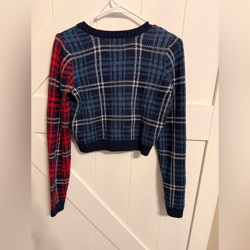 Hollister Women's Medium Plaid Button Up Cable Knit Sweater Blue Red Academic - Picture 6 of 6